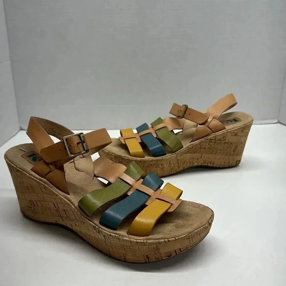 Kork Ease Wedges Sandals High Heel Shoes Wedge Leather MultiColor Strappy Size 8